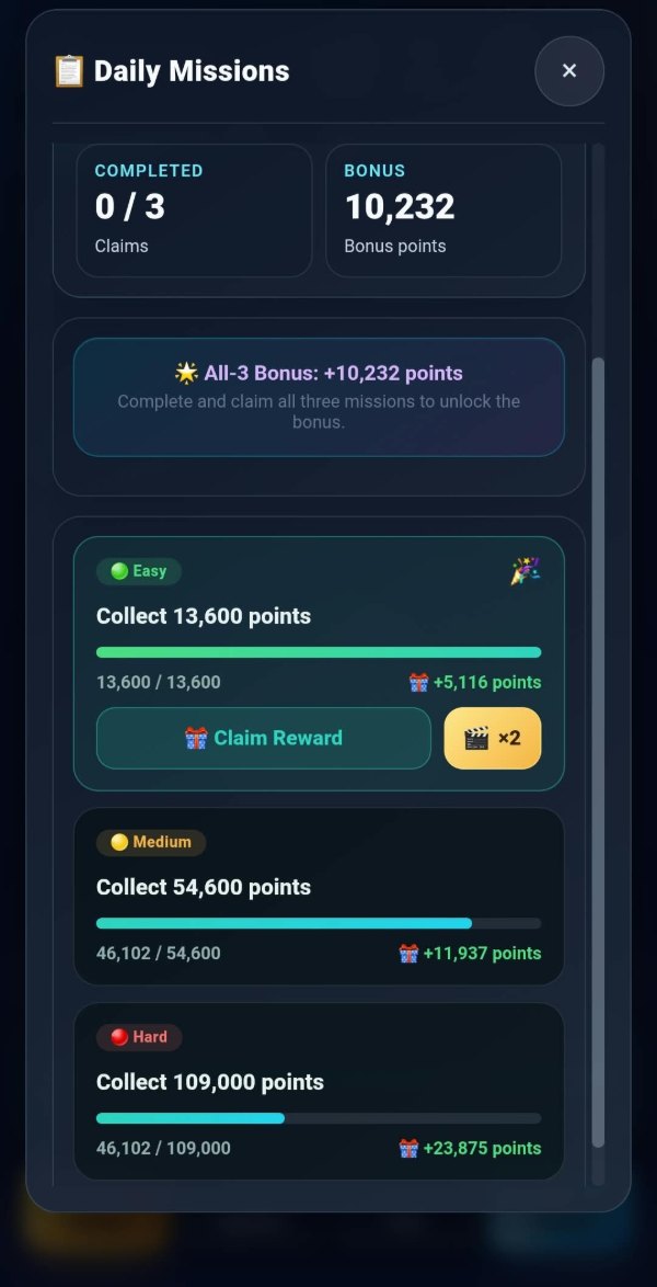 The daily missions panel with all three tiers and what each one pays
